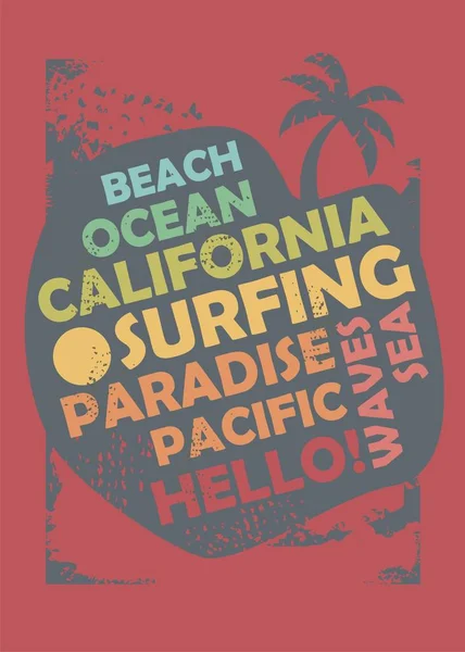 カリフォルニアサーフィンTシャツのデザインレイアウト タイポグラフィグラフィックを使用したビーチ 夏休みのコンセプト — ストックベクタ