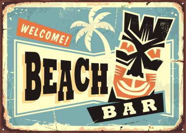 Hawaii tiki maskesi ve palmiye ağacı ile Plaj bar reklam. Yaz partisi kafe için retro ticari işareti.