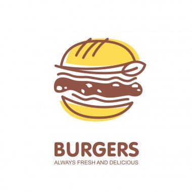 Burger logo tasarımı. Fast food restoran sembolü. Hamburger vektör simgesi illüstrasyon.