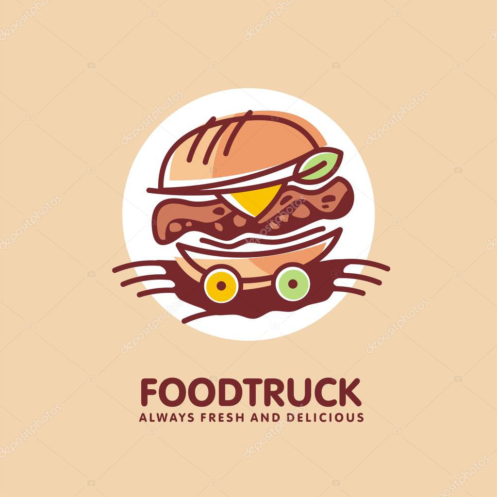 Food truck logo design idea with juicy burger on the wheels. Fast food restaurant symbol. Vector burger icon illustration.