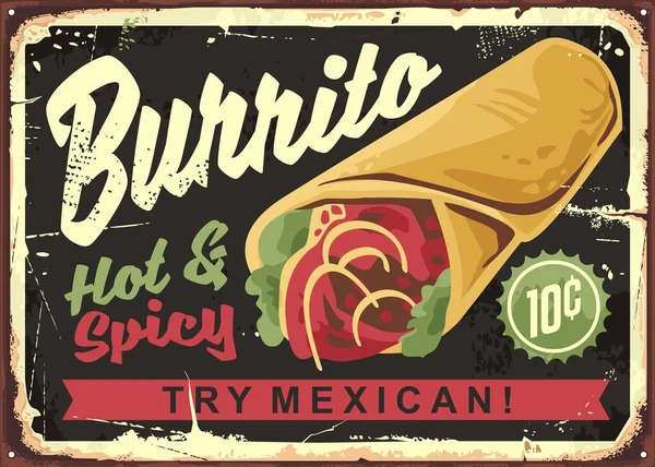 Burrito Vintage Restoran Tabelası Meksika Gıda Retro Reklam Vektör Grafik — Stok Vektör