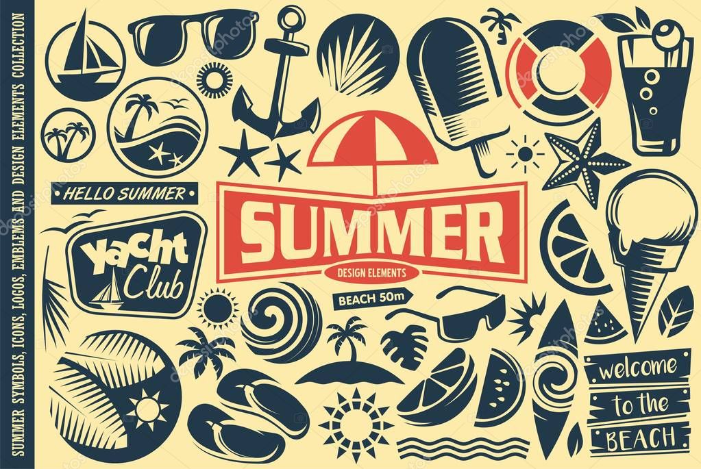 Summer design elements collection. Vector tropical icons, emblems, symbols set.