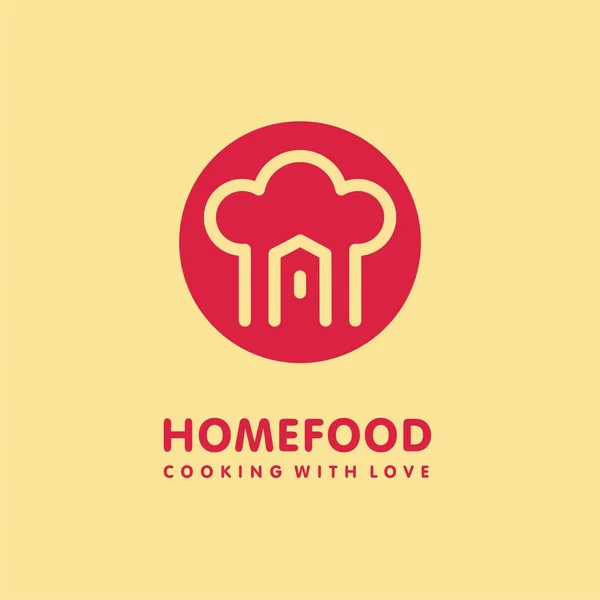 赤い円でシェフの帽子と家の形を持つ家庭料理の食品のロゴデザイン 自家製食品シンボルコンセプト ケータリングロゴタイプ レストランアイコングラフィックベクトルイラスト — ストックベクタ