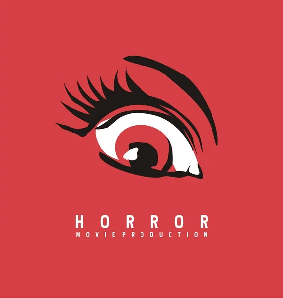 ホラー映画制作ビジネスロゴデザインコンセプト 赤い背景に描画する目のシンボル ベクトルイラスト — ストックベクタ