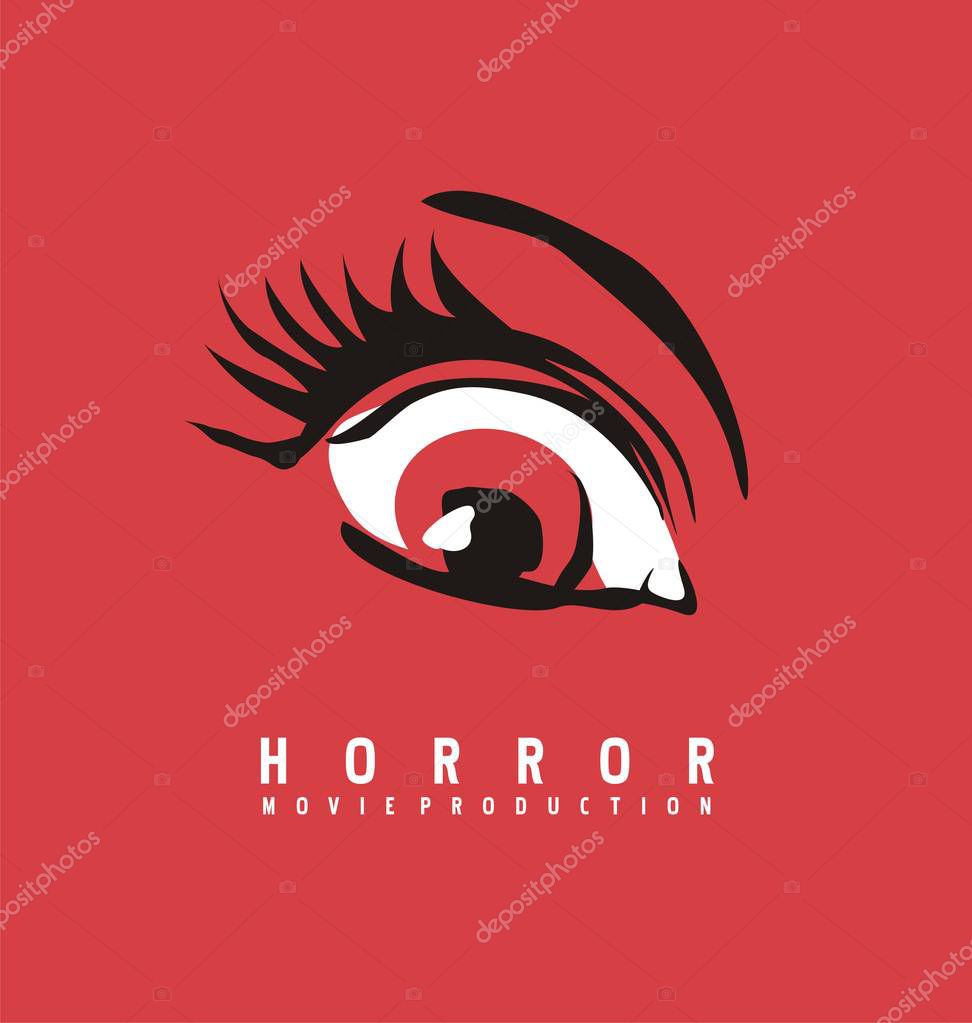 Horror movie production business logo design concept. Eye symbol drawing on red background. Vector illustration.