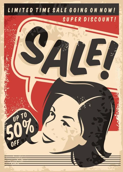 复古销售漫画风格的海报在旧纸纹理 复古促销购物广告与女性肖像 — 图库矢量图片