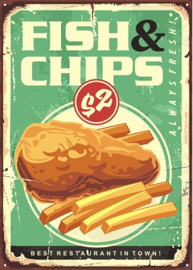 Balık ve cips retro reklam tin işareti tasarımı. Kızarmış balık filetosu ve patates kızartması vintage reklam. İngiliz geleneksel gıda vektör illüstrasyon.