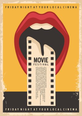 Açık ağız ve film şerit li film festivali afiş tasarım şablonu. Vektör kavramsal illüstrasyon.