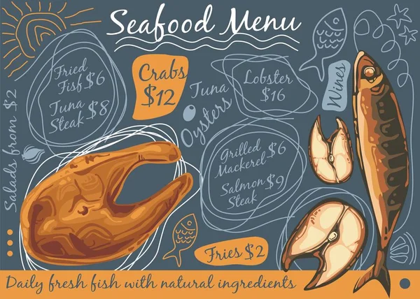 海鲜餐厅菜单设计理念 鱼牛排和烤鱼小酒馆菜单的想法 食品矢量图形 — 图库矢量图片