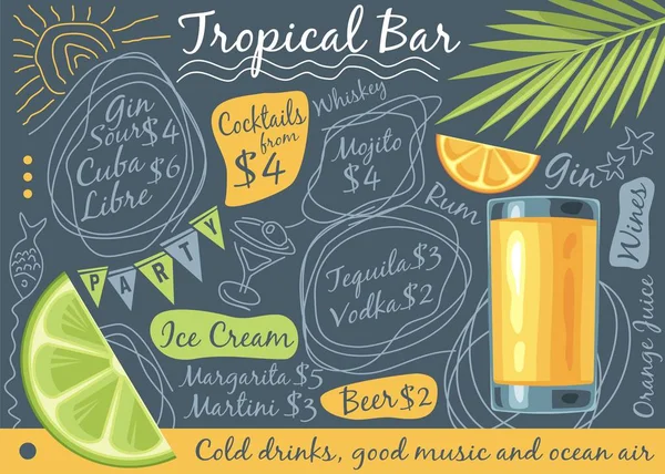 Tropical Bar Menu Design Med Glas Apelsinjuice Palm Tree Leaf — Stock vektor