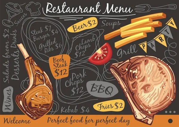 Tafel Speisekarte Mit Gegrillten Schweinelendkoteletts Lammkoteletts Pommes Und Tomatenscheiben Kreative — Stockvektor