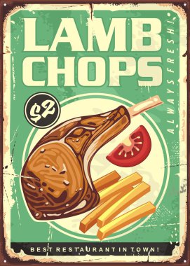 Izgara kuzu filepiron pirzola, patates kızartması ve taze domates ile restoran menü işareti. Vintage gıda postertasarımı. Fast food retro vektör illüstrasyon.