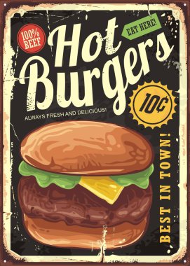 Sıcak burger vintage restoran işareti. Eski metal arka plan üzerinde büyük hamburger ile Retro poster tasarımı. Fast food vektör işareti.