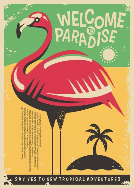粉红色火烈鸟复古海报设计热带旅游目的地 欢迎来到天堂异国情调的地方复古传单概念 矢量图像 — 图库矢量图片