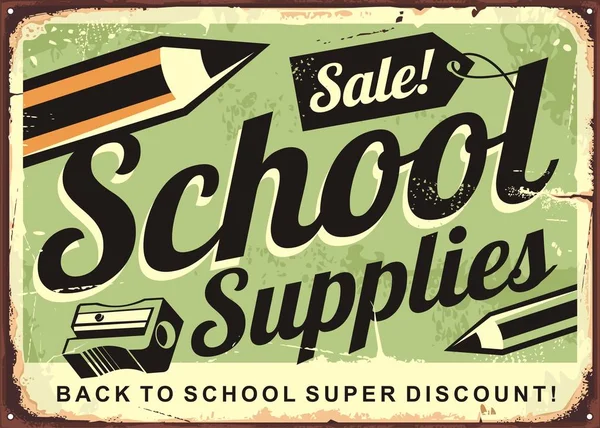 School Supplies Sale Retro Advertising Sign Vintage Promotional Poster Pencils — Stock Vector