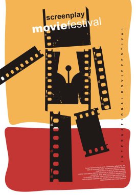 Senaryo film festivali soyut poster tasarımı. Film şeritleri yapılmış rakam ile film olay için sanatsal el ilanı kavramı. Sinema vektör illüstrasyon.