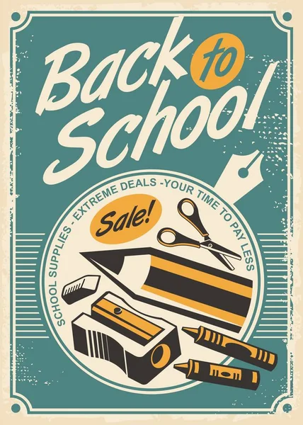 Zpět Školní Propagační Retro Plakát Potřebami Školních Potřeb Tužka Nůžkovité — Stockový vektor