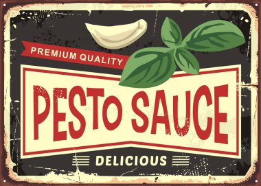 Pesto sosu vintage işareti. Fesleğen ve sarımsak ile lezzetli gıda madde. Vektör görüntüsü.