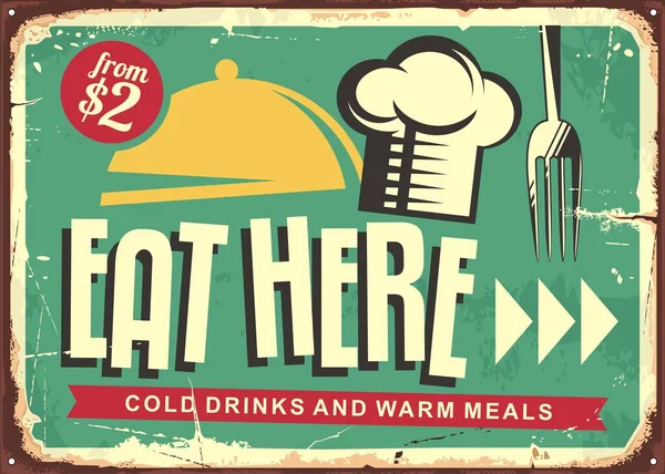 Eet Hier Retro Restaurant Teken Ontwerp Eten Drinken Vintage Vector — Stockvector