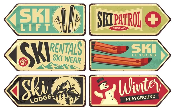 Ski Und Winterurlaub Retro Zeichen Sammlung Vintage Vektor Illustration Mit — Stockvektor