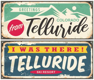 Telluride Colorado retro tebrik kartları tasarım seti. Kış tatilleri için vintage seyahat işaretleri. Kayak merkezleri vektör illüstrasyon.