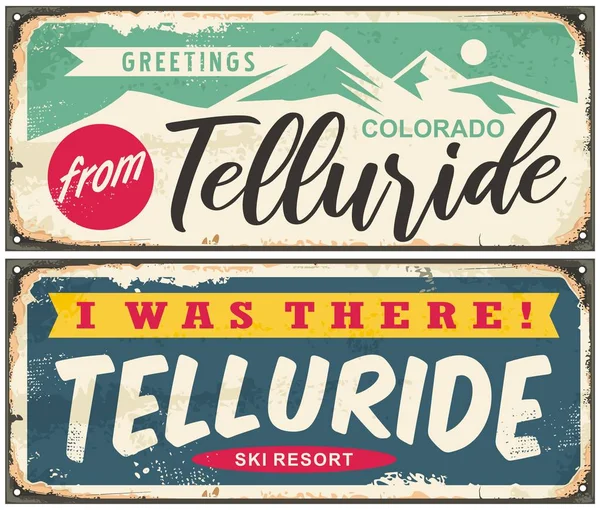 Telluride Colorado Retro Greeting Cards Design Set Vintage Travel Signs — Stock Vector