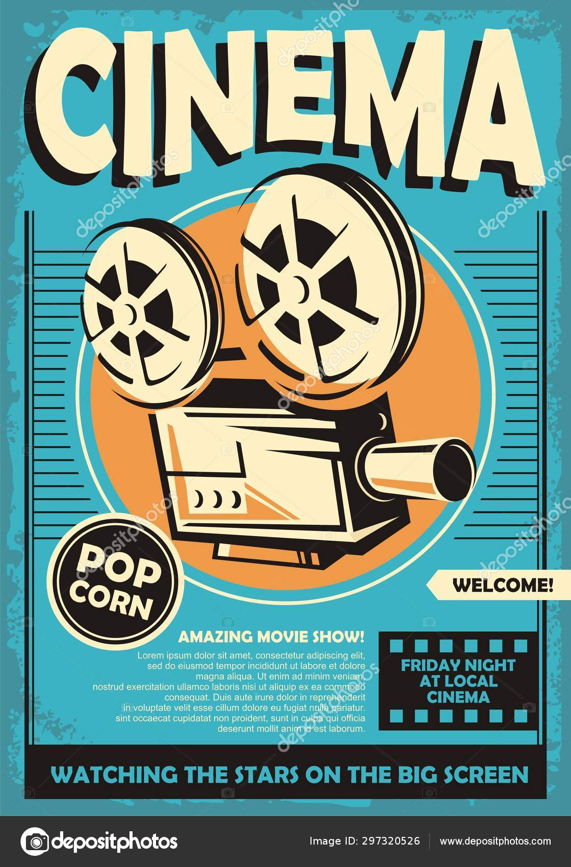 Cinema Poster Movie Projector Camera Graphic Retro Blue Background Film  Stock Vector by ©lukeruk 297320526