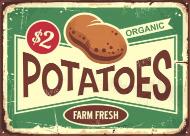 Sebze dükkanı için Çiftlik taze patates vintage tin işareti. Eski metal arka plan üzerinde patates grafik ile Retro poster tasarımı. Organik ürün vektör illüstrasyon.