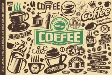 Simgeler, logolar, amblemler, semboller ve tasarım öğeleri Kahve vektör seti. Kahve kupaları, bardaklar, fasulyeler, etiket koleksiyonu. Cafe menü illüstrasyon.