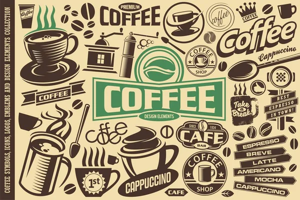 Simgeler Logolar Amblemler Semboller Tasarım Öğeleri Kahve Vektör Seti Kahve — Stok Vektör
