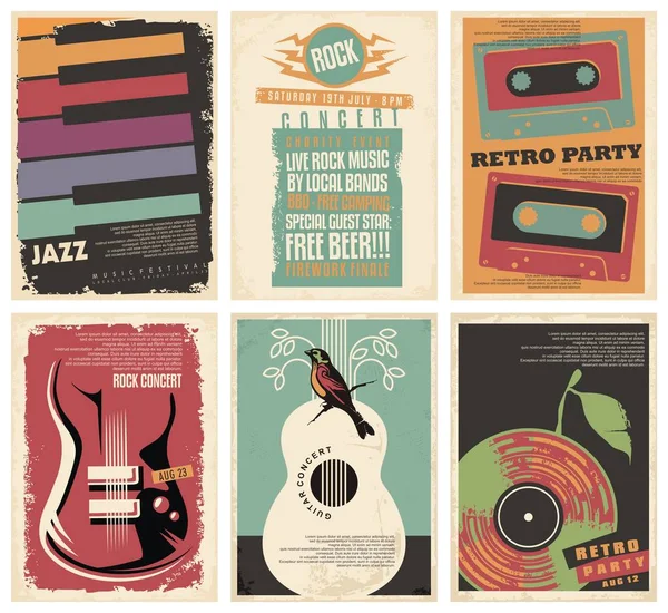 Coleção Vintage Cartazes Musicais Flyers Conjunto Para Festas Retro Concertos — Vetor de Stock