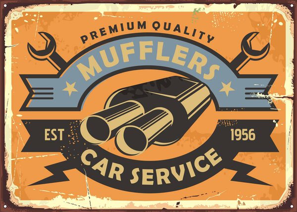 Car service and auto parts retro metal sign concept with muffler graphic. Vintage garage poster perfect for interior wall decoration. Transportation and cars vector image.