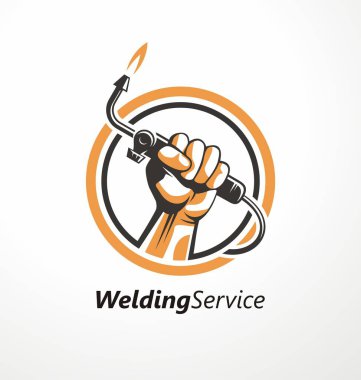 Kaynak endüstrisinin logosu ve kaynak makinesi. Metal ve inşaat işi için eşsiz bir sembol fikri. El yapımı ve mühendislik vektör simgesi.