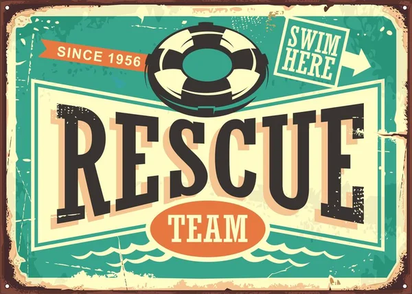 Beach Rescue Team Vintage Tin Sign Layout Retro Vector Poster — Stock Vector