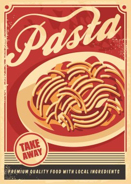 Makarna retro posteri. Eski kağıt dokusunda spagetti tabağı olan klasik tabela tasarımı. Gıda vektör broşürü düzeni.