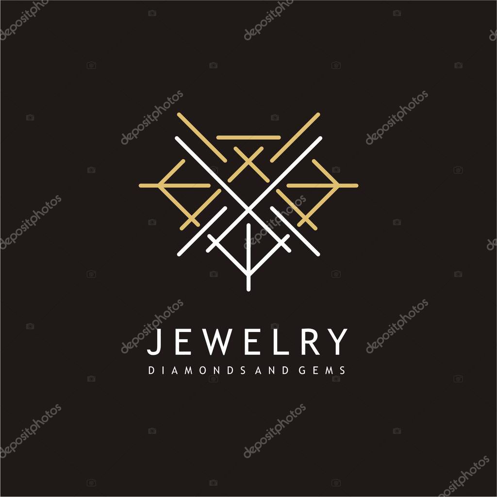 Jewelry elegant logo design with precious gem shape made from sharp lines. Symbol idea with golden jewel. Diamond vector icon.