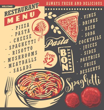 Spagetti tabağı, pizza turtası, köfte ve çatallı yemek menüsü. Restoran menüsü karatahta tasarımı. Yiyecek ve içecek teması.