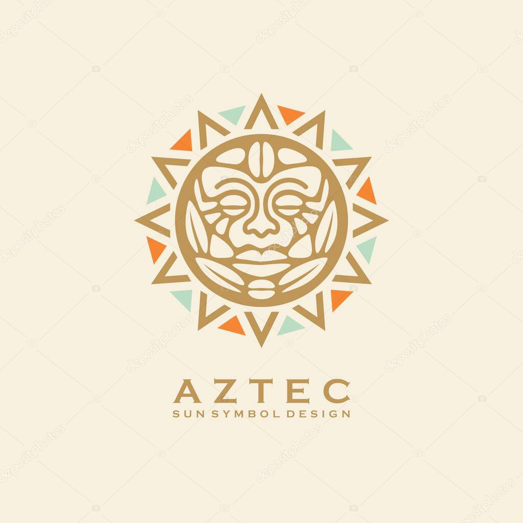 Aztec tribal sun symbol with human face. Vector logo or tattoo design with Mayan civilization sign. Vintage ornament.
