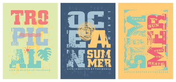 ティーシャツの夏のグラフィックテンプレート サーフィン ビーチなどの旅行や休暇をテーマにしたTシャツのデザイン 衣類コレクションのためのプリントレイアウト — ストックベクタ