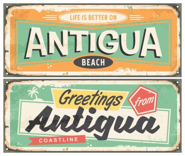 Antigua plajı hatıra poster tasarımı. Karayipler adasında tatil tebrik kartı şablonu. Tropikal hedef vektör vintage illüstrasyonu. 