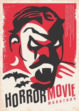 Korku uçuşu tasarımı, kırmızı arka plan, yarasalar, ay ve film için yaratılmış vampirin yüzü. Vektör klasiği.