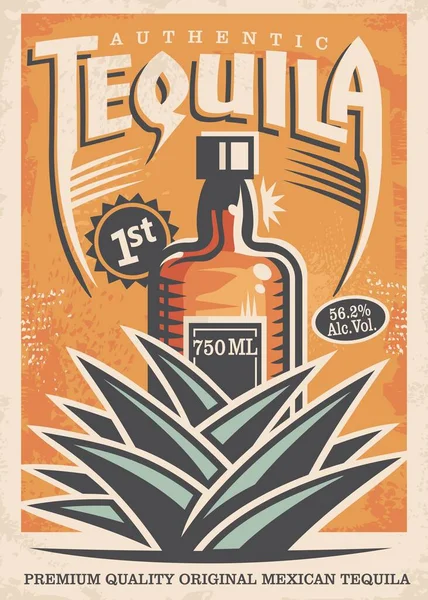 Desain Poster Tequila Dengan Botol Minuman Dan Tanaman Agave Biru - Stok Vektor