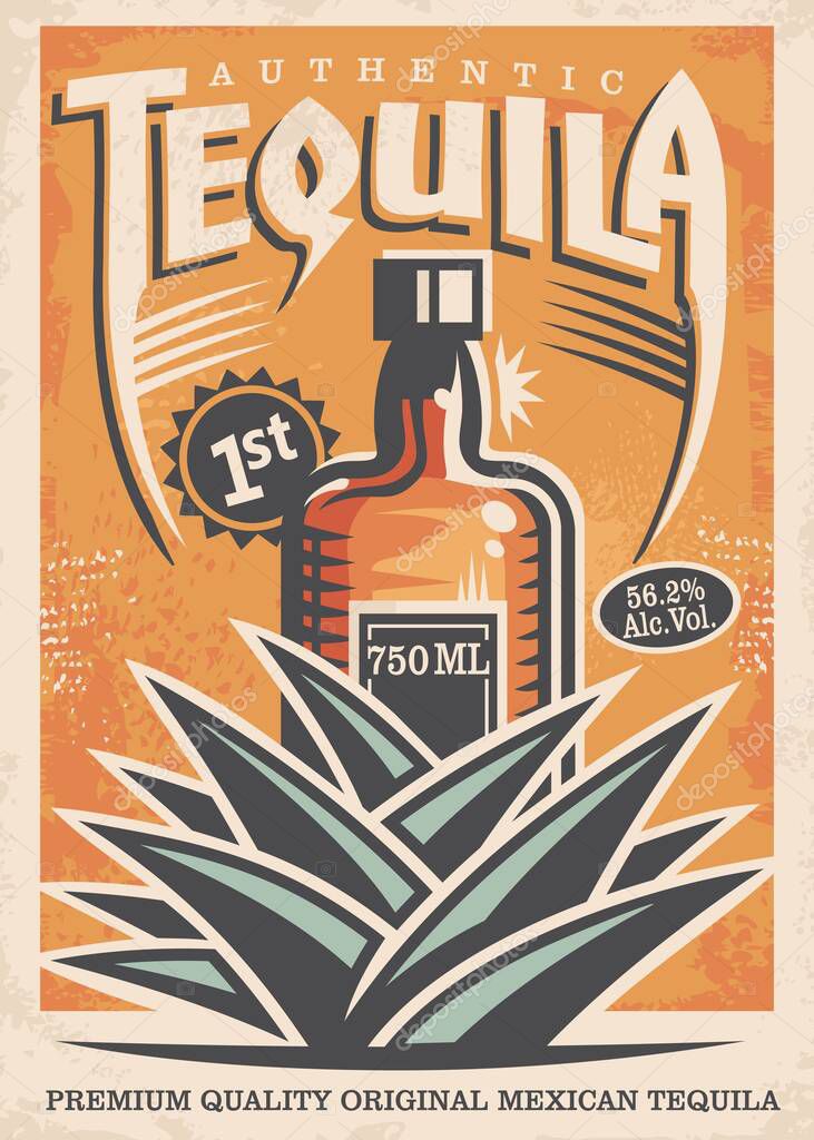 Tequila poster design with drink bottle and blue agave plant made for bars and pubs. Alcohol beverage advertisement with one of the most popular drinks. Vector illustration traditional Mexican tequila.