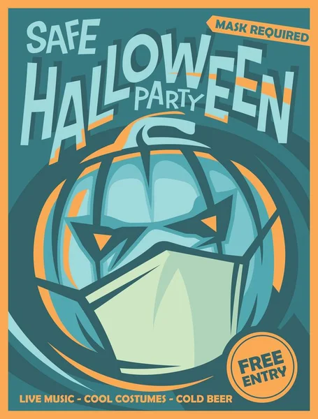 Halloween Party Poster Design Big Pumpkin Wearing Covid Mask Vector — Stock Vector