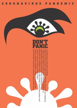 Koronavirüsten gelen korku ve panik. Turuncu arka planı ve göz sembolü olan Corona virüsü posteri. Vektör covid-19 illüstrasyon. 