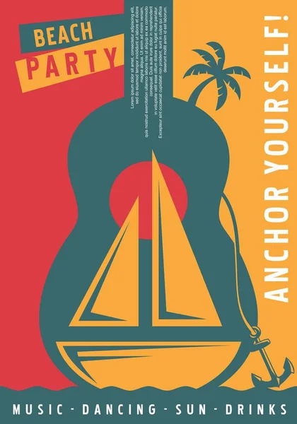 Sailboat Poster Design Big Blue Guitar Symbol Summer Party Vector — Stock Vector