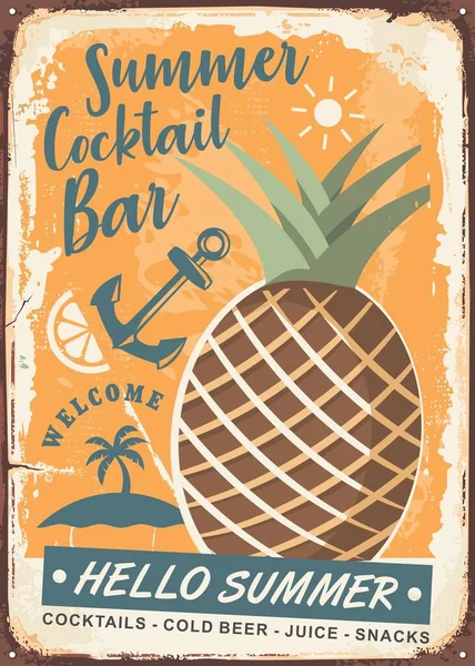 复古风格的菠萝海报设计 热带飞行与岛屿 文字和大菠萝 鸡尾酒吧台矢量年份图解 — 图库矢量图片