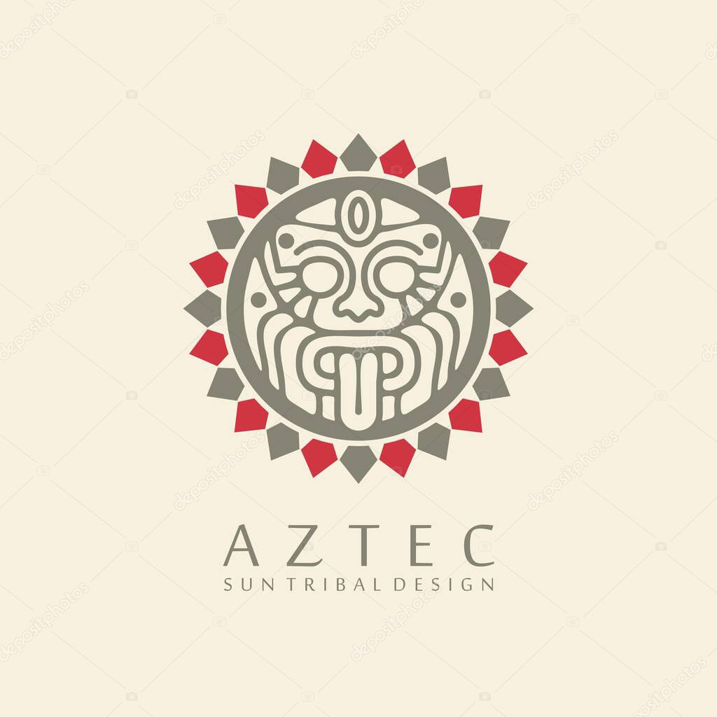 Aztec sun tribal logo design with white background and big sun symbol in the middle. Emblem with ancient idol.