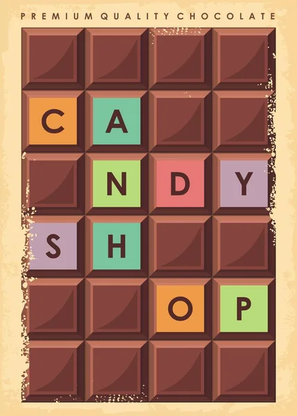 Chocoladereep Snoepwinkel Promo Poster Met Kleurrijke Letters Minimalisme Retro Pamflet — Stockvector