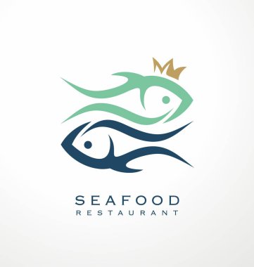 İki balık ve bir taç ile vektör grafik, deniz ürünleri restoranı için mükemmel bir logo fikri. Yaratıcı sembol ya da amblem tasarımı. Birinci kalite okyanus yemekleri..